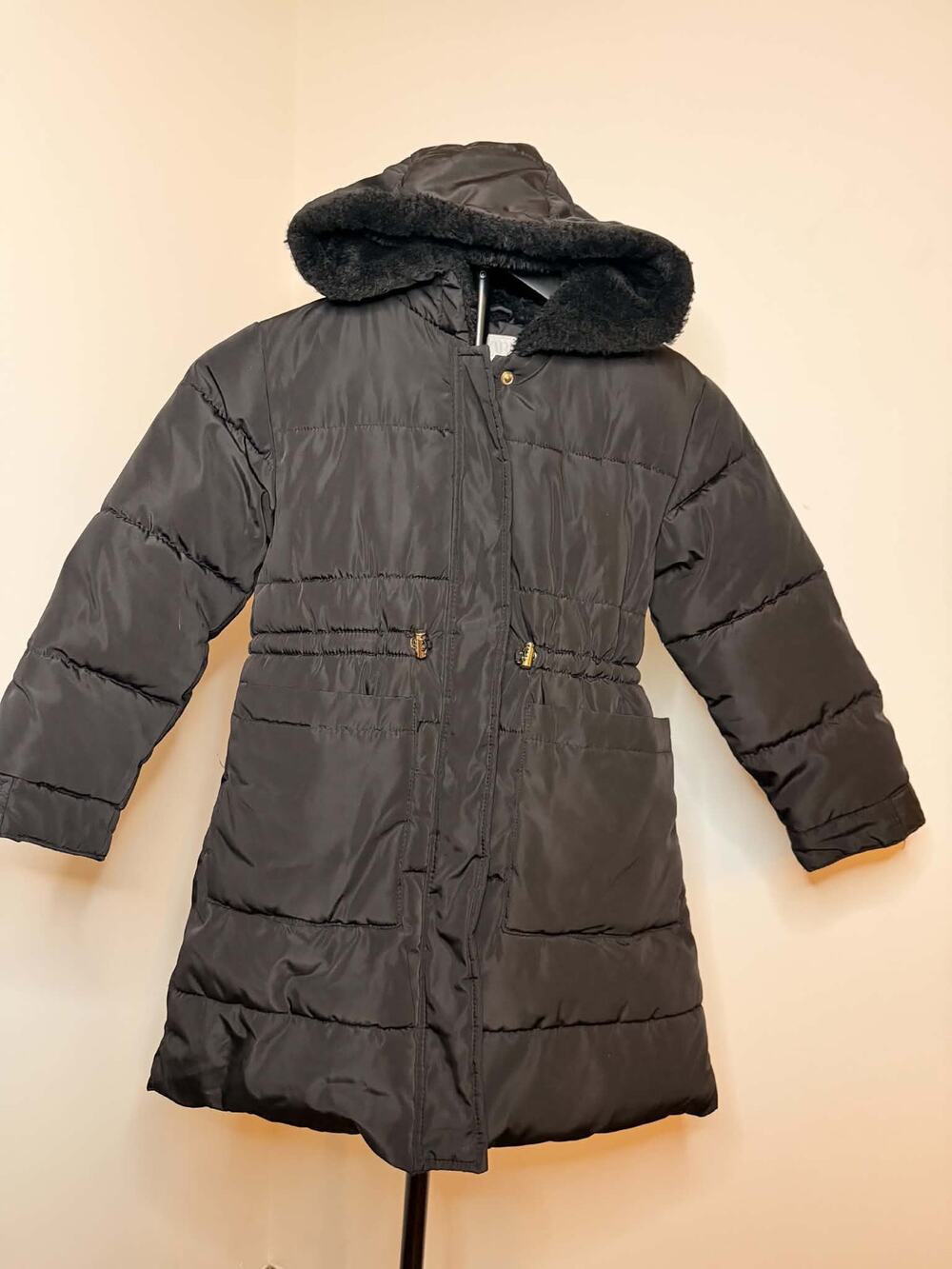 Zara Black Long Puffer Coat Faux Fur Hood Women’s Size S